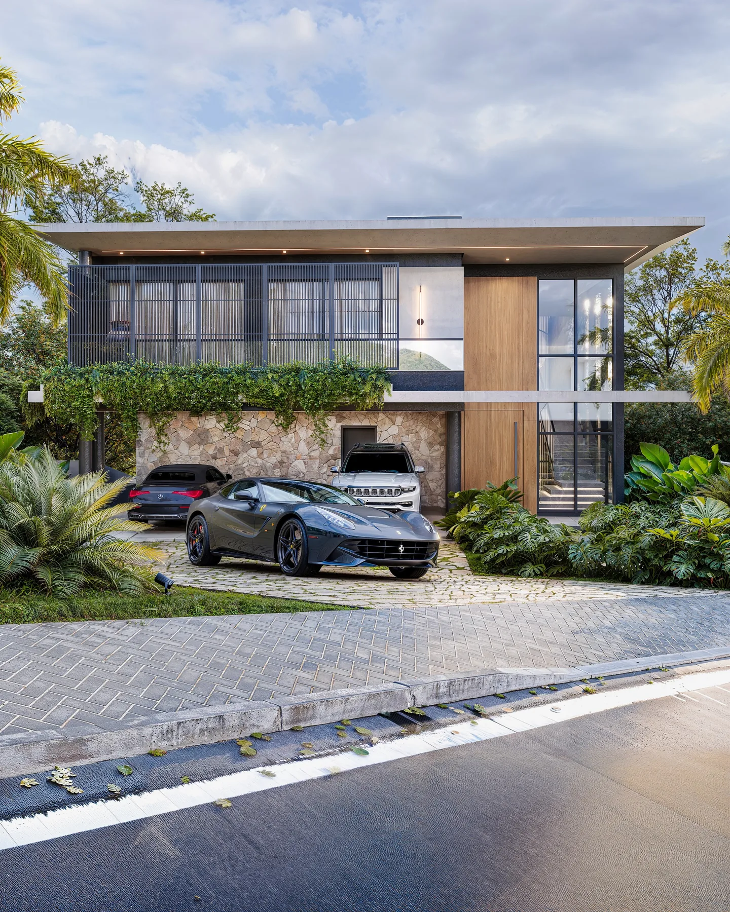 Chegada da Casa Trichonida, com a garagem coberta